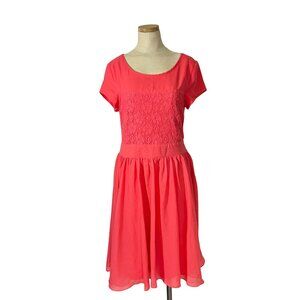 Jen Clothing dress pink short sleeve skater style lace upper knee length swing L